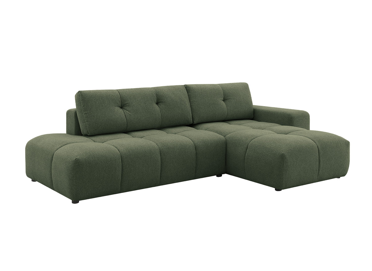 Canapé d'angle convertible avec coffre en tissu texturé vert olive ANGELINE - Angle droit