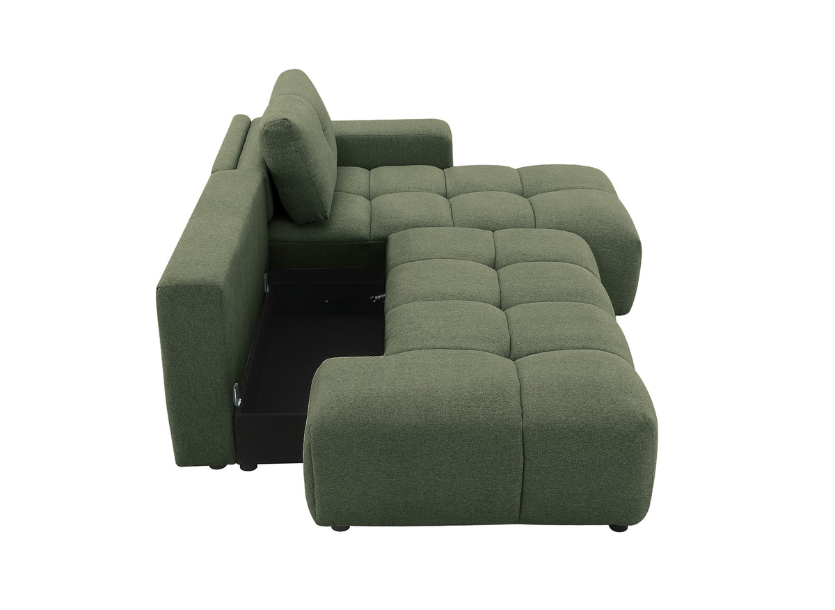 Canapé d'angle convertible avec coffre en tissu texturé vert olive ANGELINE - Angle droit