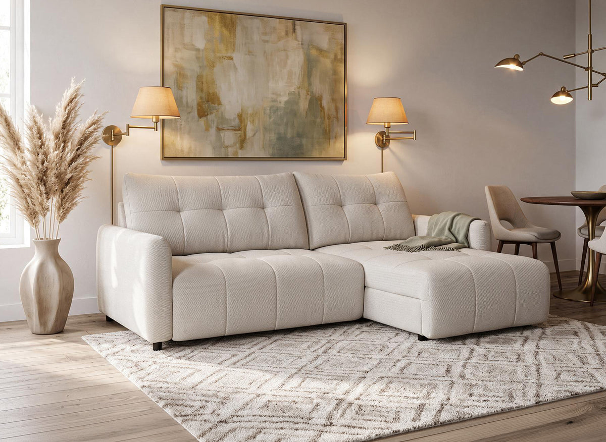 Canapé d'angle relax réversible avec coffre en tissu texturé beige KALINKA