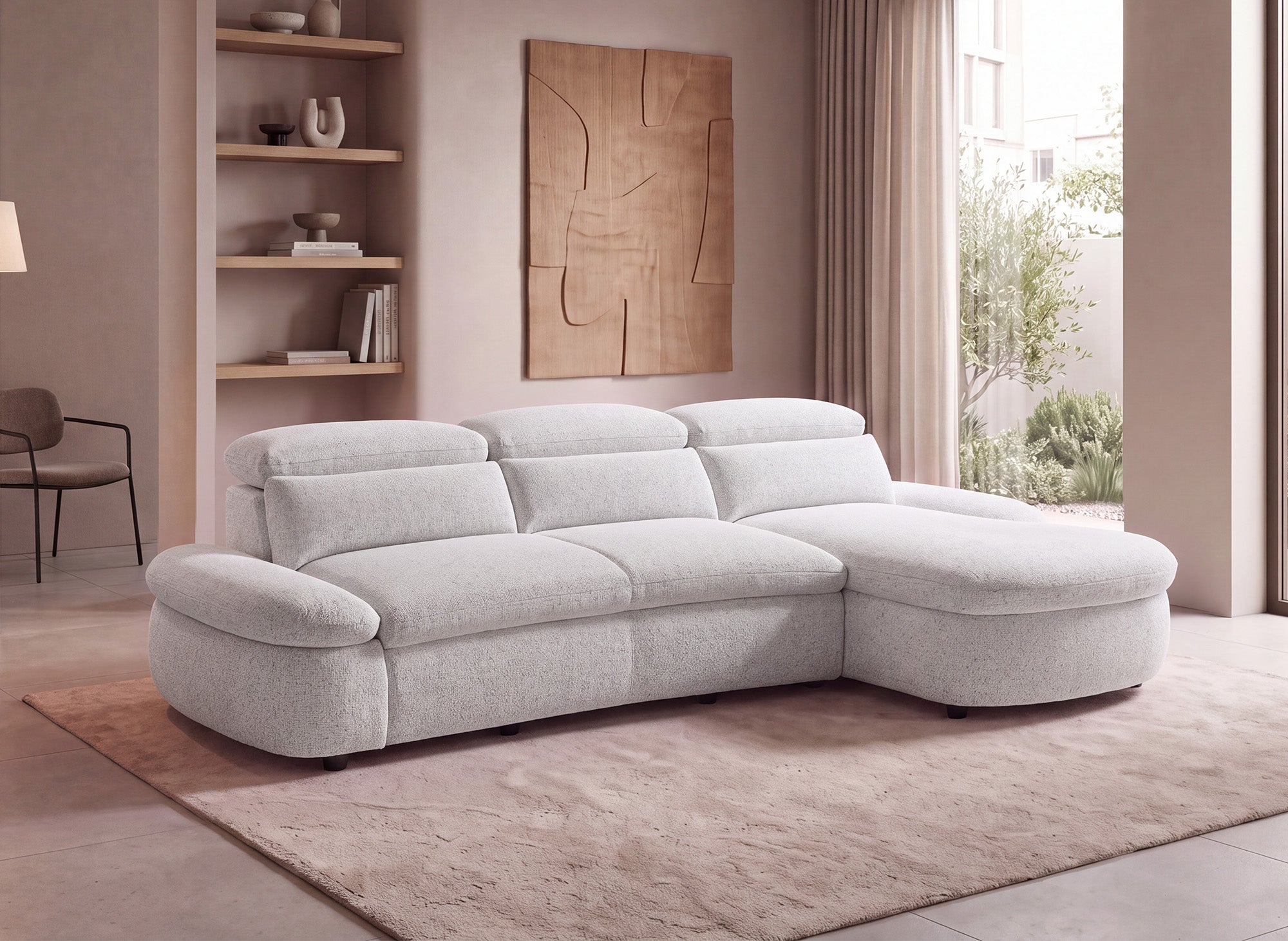 Canapé d'angle relax électrique en tissu bouclette beige CLEMENT - Angle droit