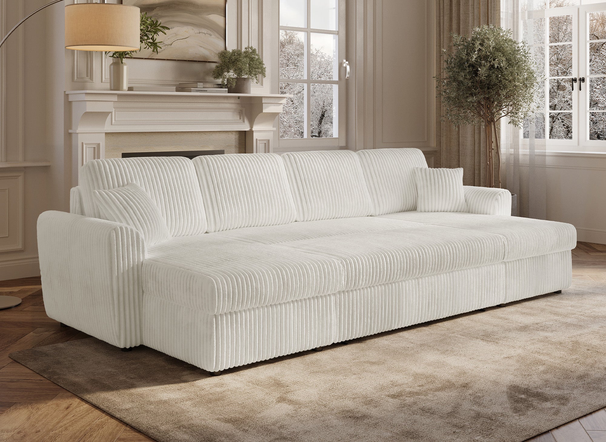 Canapé panoramique convertible avec coffres en velours côtelé épais beige ADRYEN