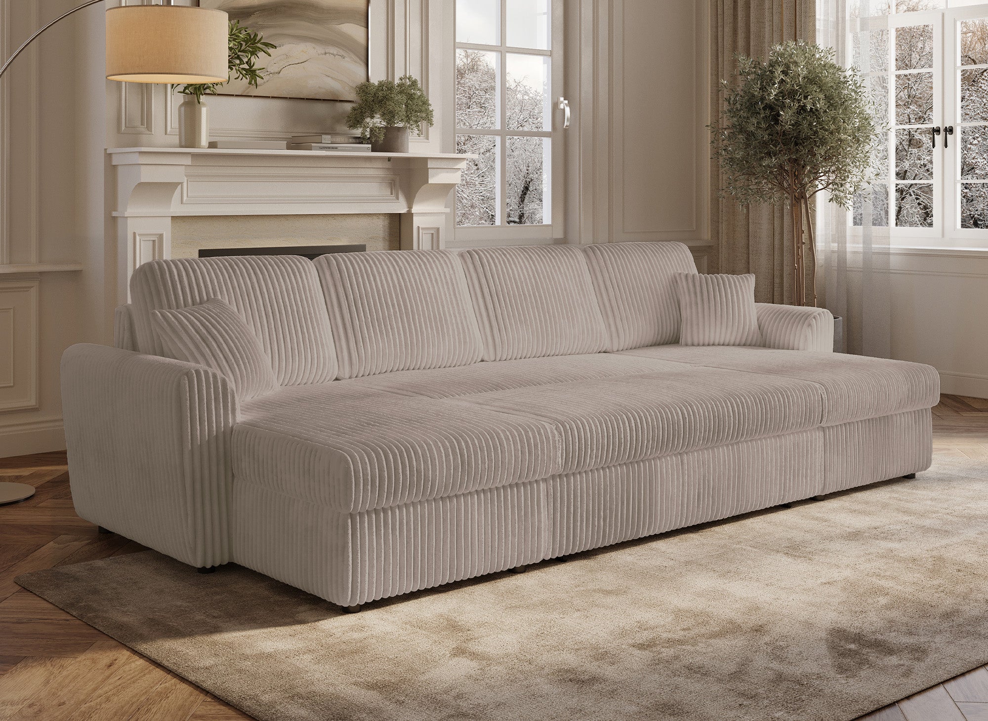 Canapé panoramique convertible avec coffres en velours côtelé épais taupe ADRYEN