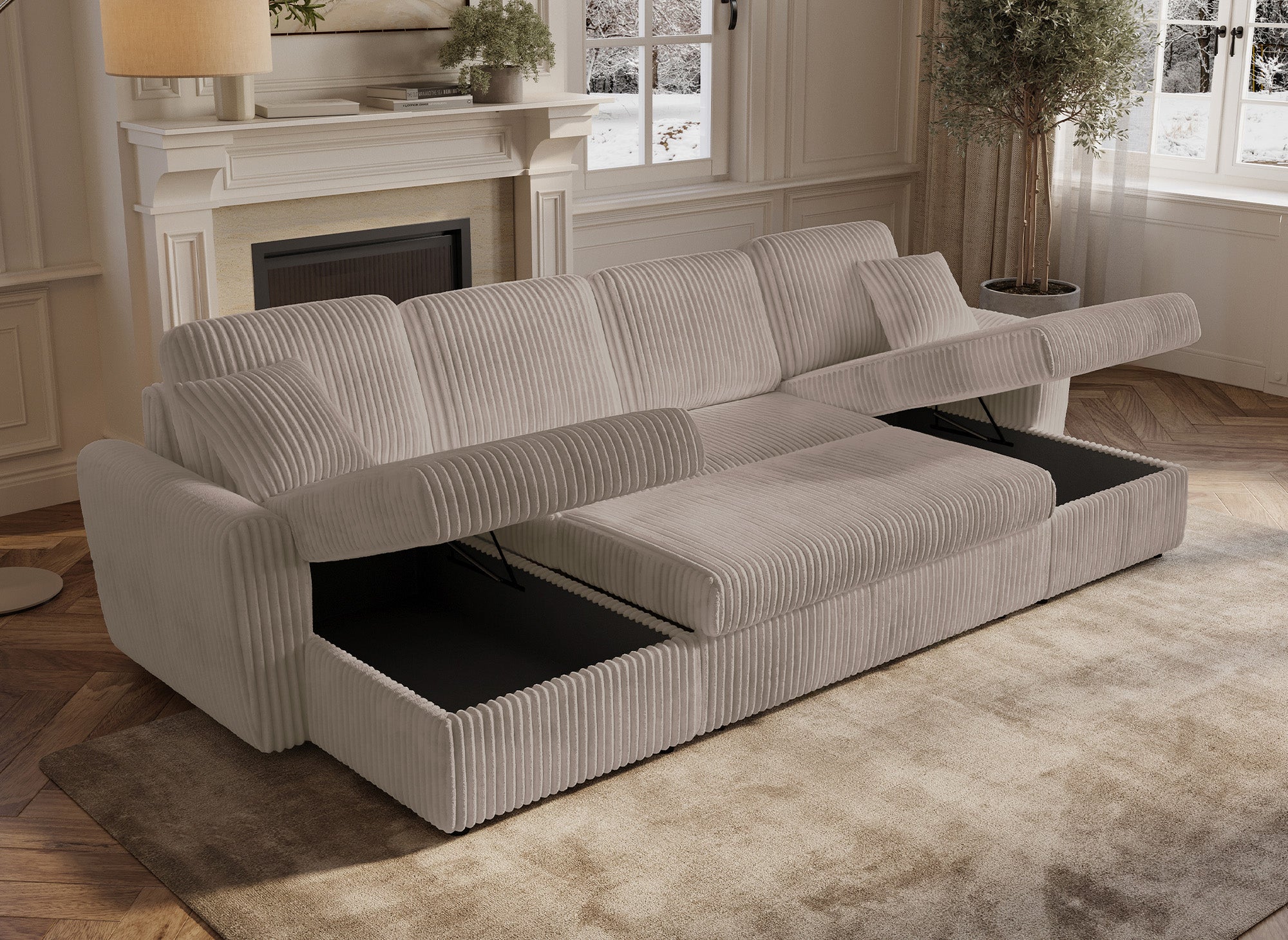Canapé panoramique convertible avec coffres en velours côtelé épais taupe ADRYEN