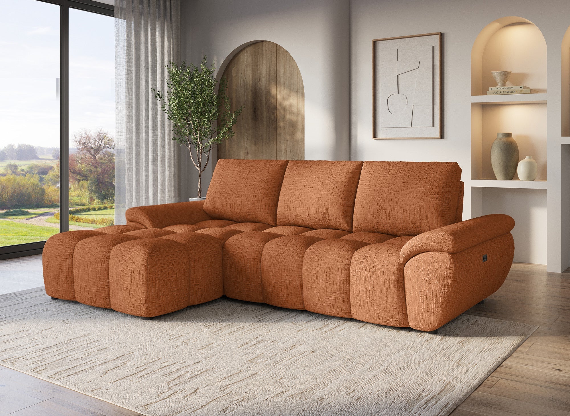 Canapé d’angle relax électrique en velours chiné terracotta ALPES - Angle gauche