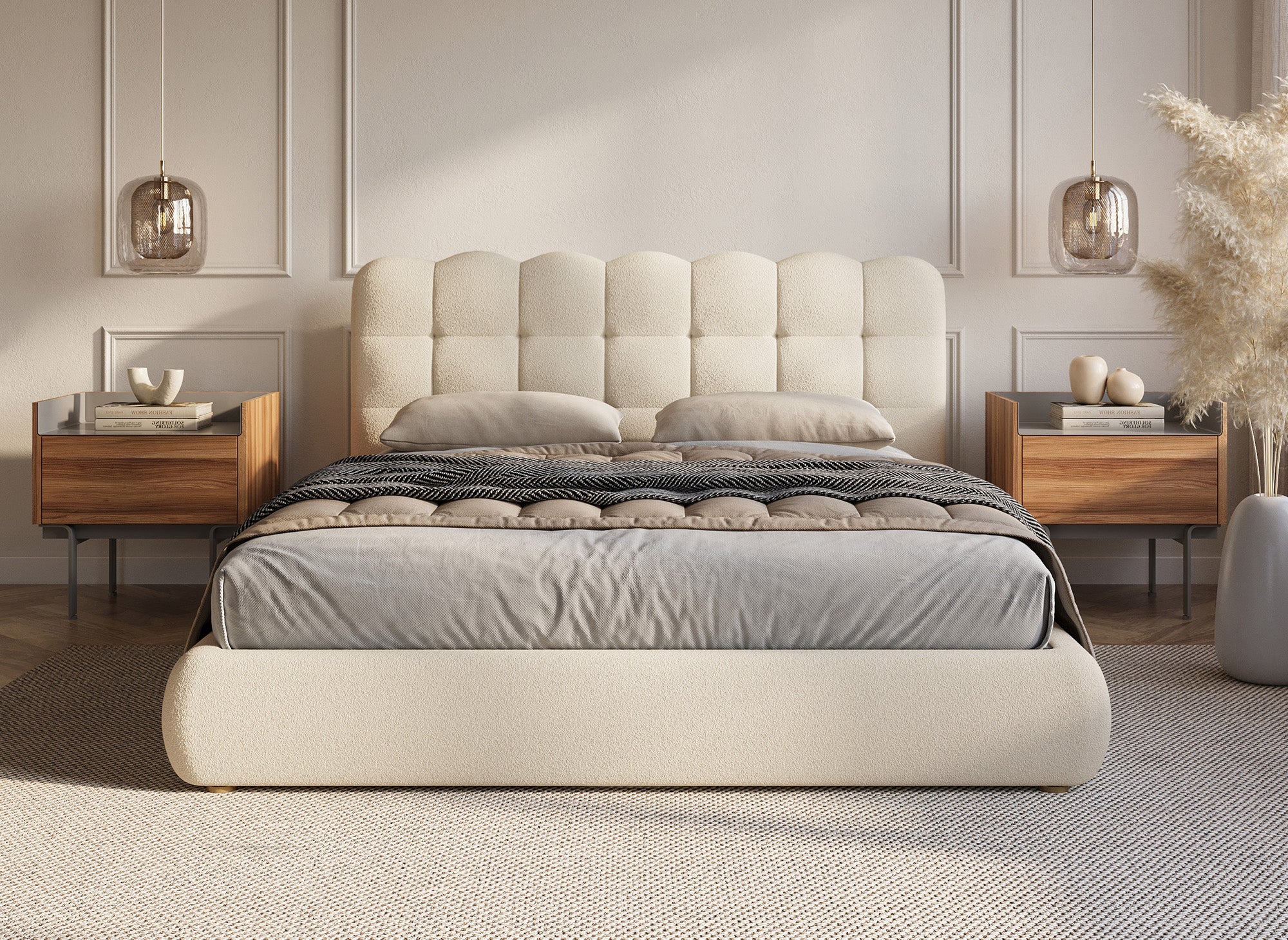 Lit coffre en tissu bouclette beige 180x200 cm BISCUIT
