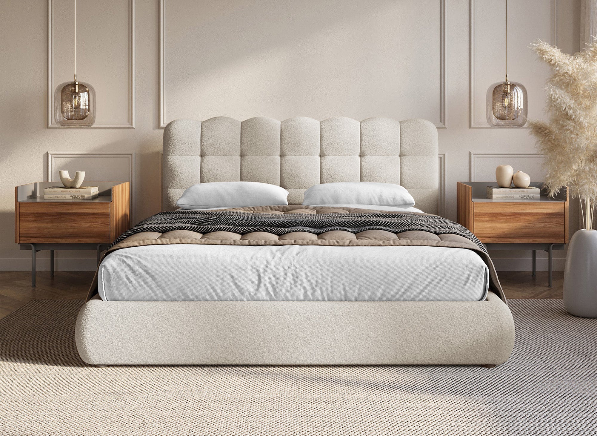 Lit coffre en tissu bouclette beige 140x190 cm BISCUIT