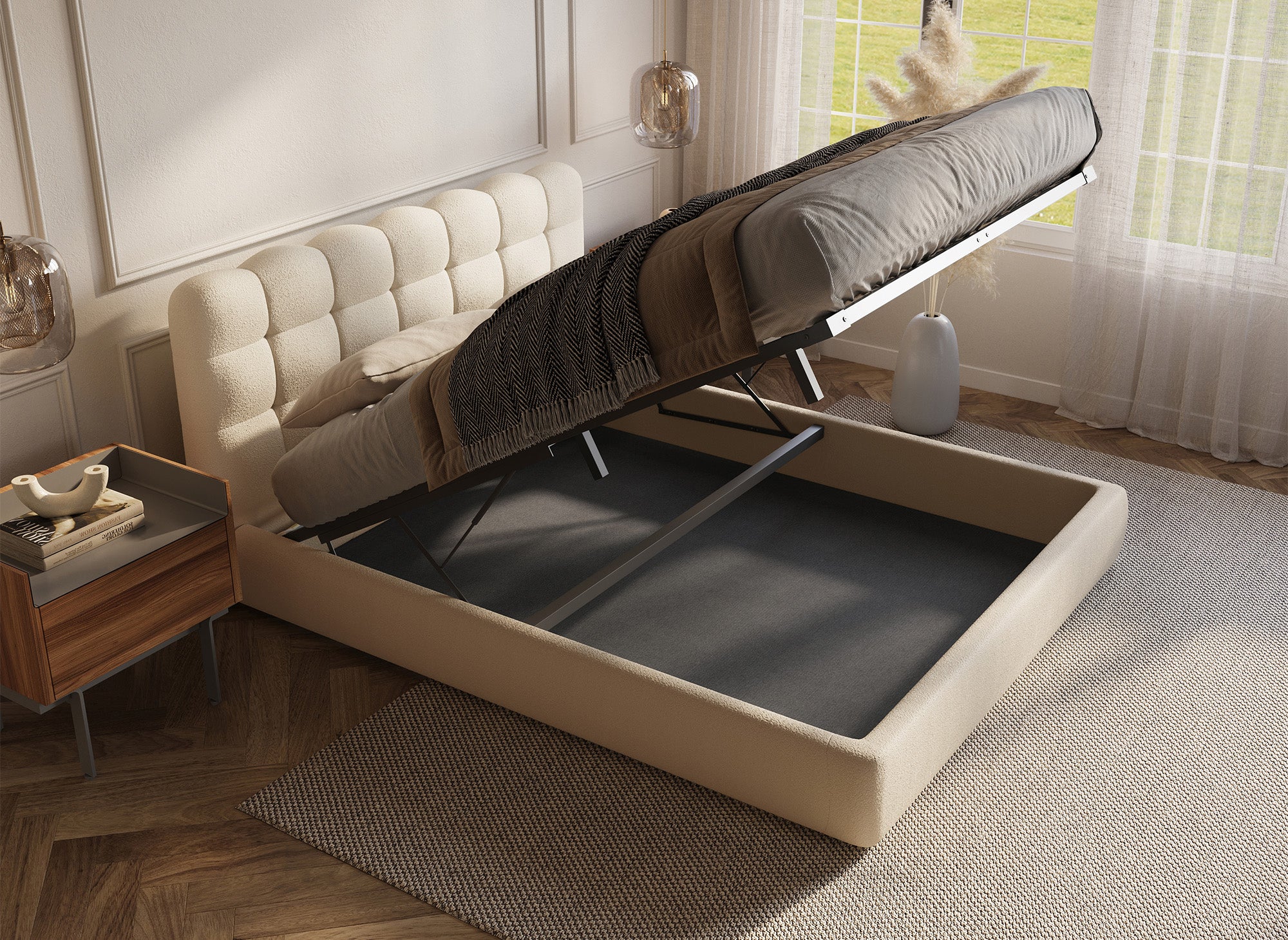 Lit coffre en tissu bouclette beige 180x200 cm BISCUIT