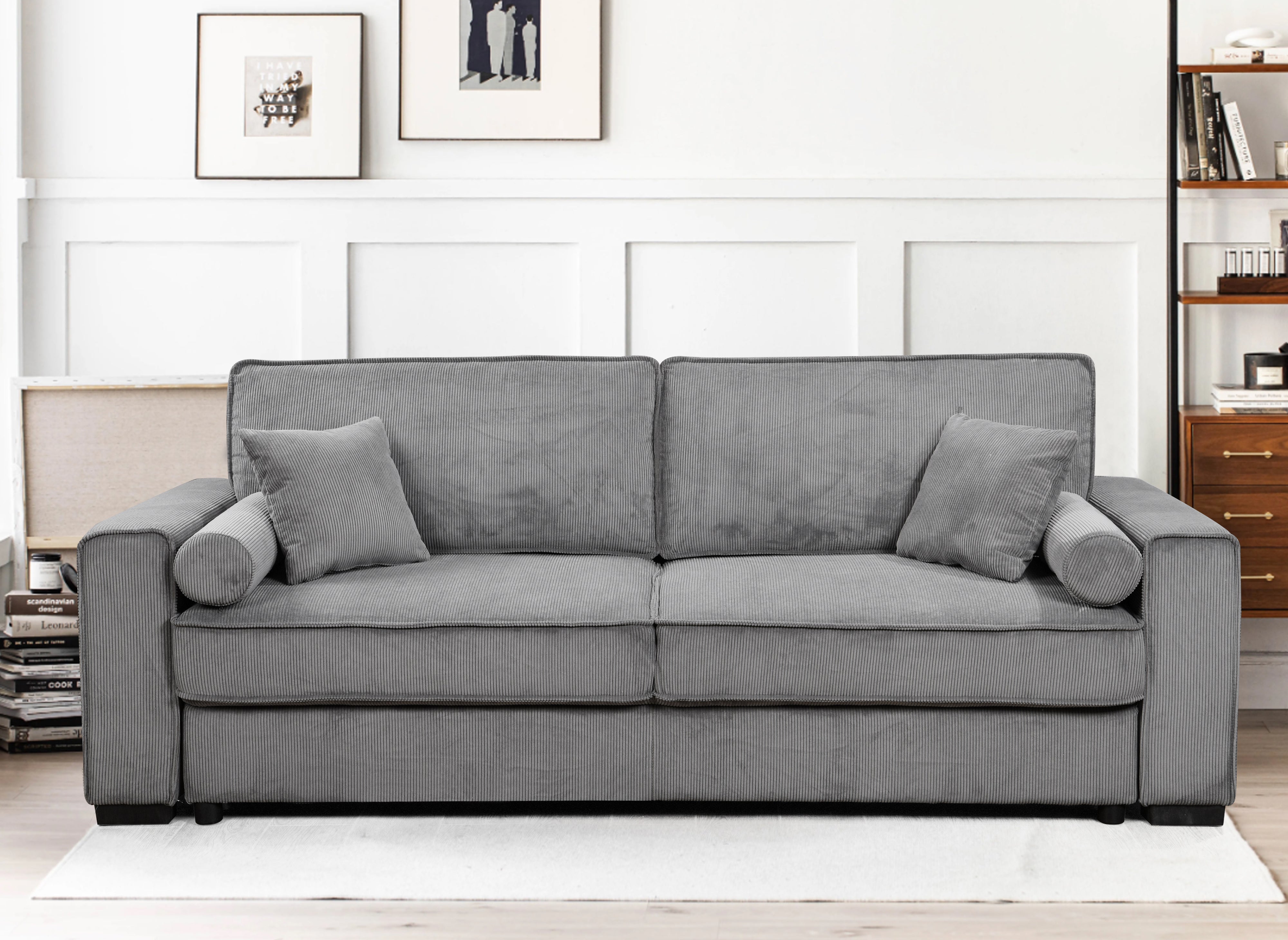 Canapé convertible 3 places en velours côtelé gris ALINE
