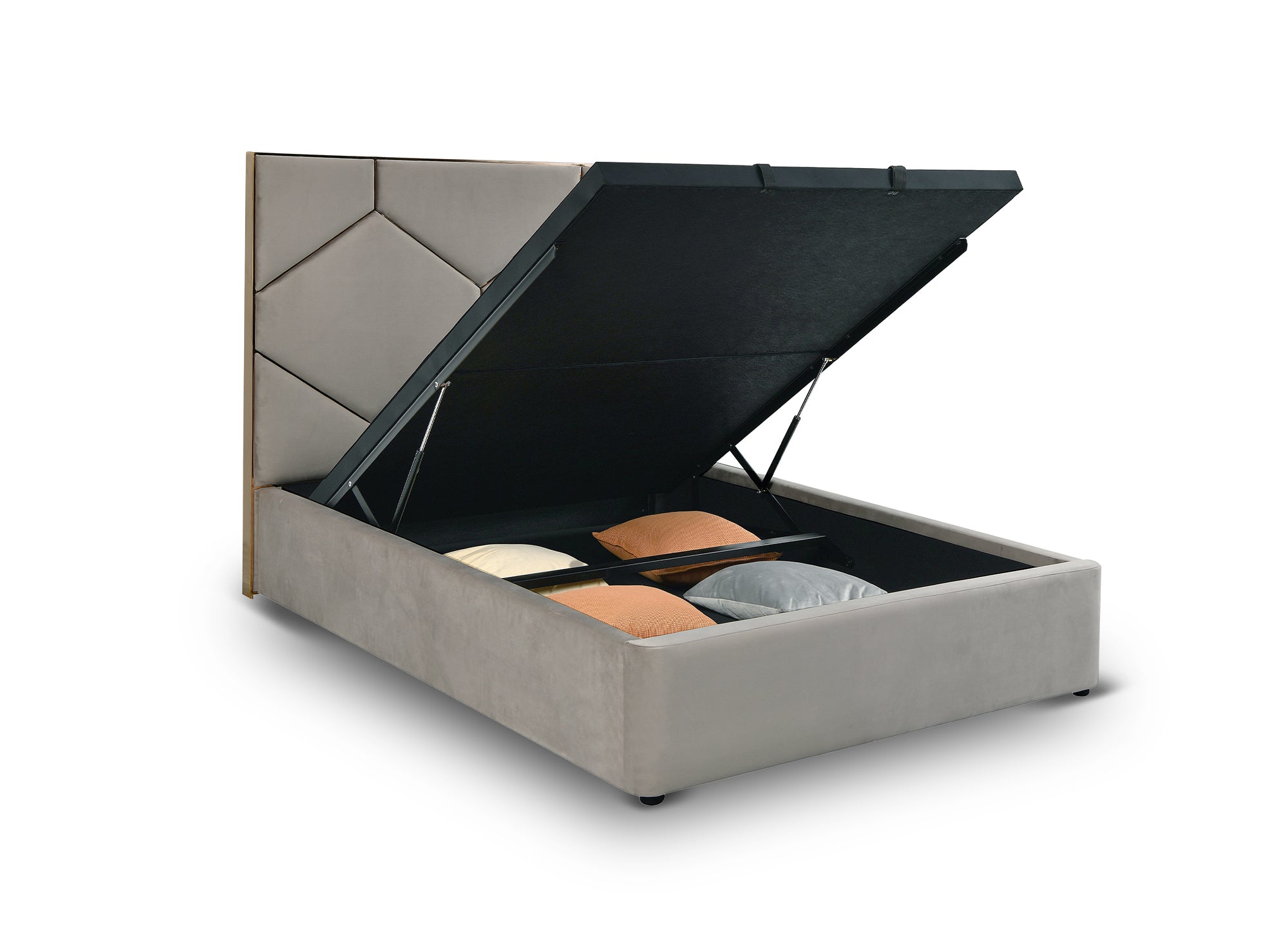 Lit coffre avec tête de lit design en velours taupe LARA 140 x 190 cm