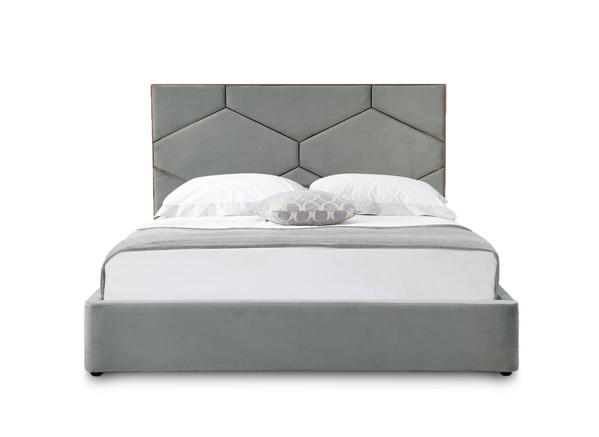 Lit coffre avec tête de lit design en velours gris LARA 140 x 190 cm