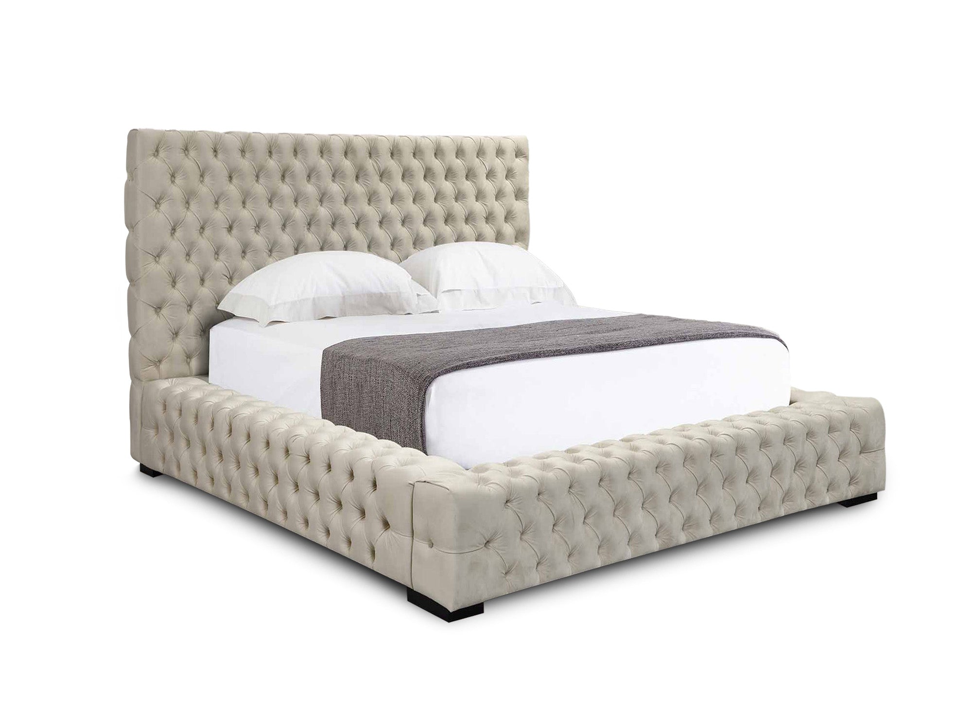 Lit coffre capitonné en velours beige IDALINE 140 x 190 cm