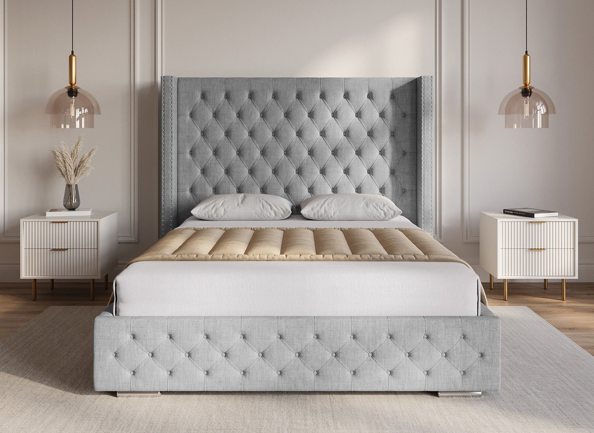 Lit coffre en tissu lin gris 140X190 cm MAXI