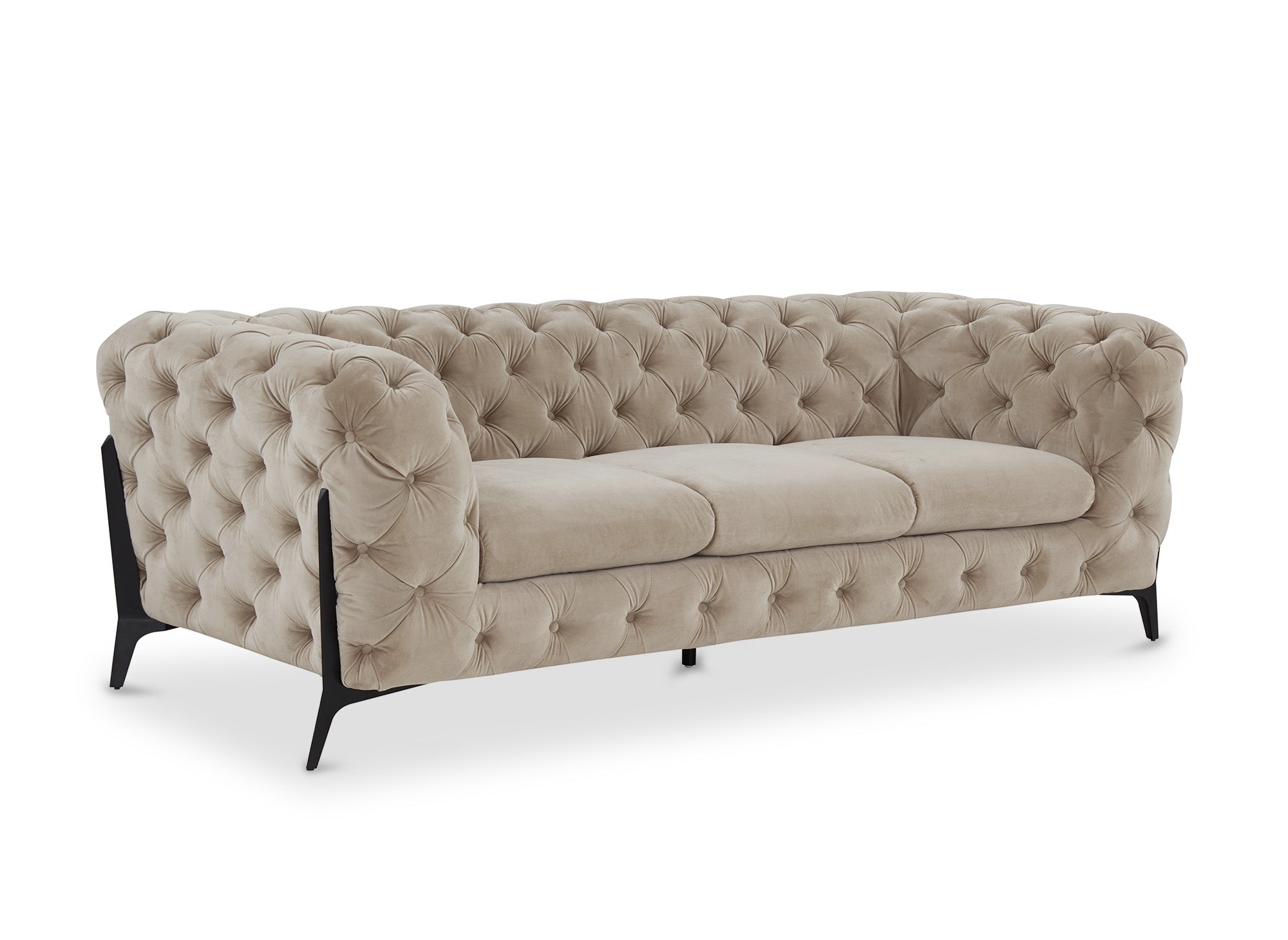 Canapé fixe 3 places capitonné chesterfield velours beige CARMEN