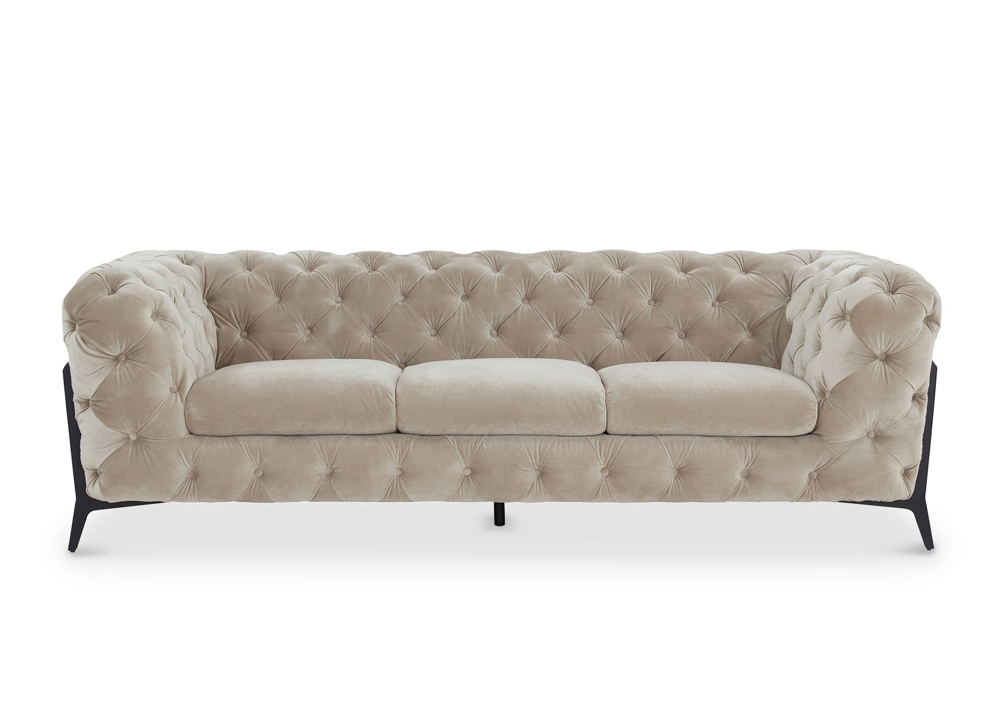 Canapé fixe 3 places capitonné chesterfield velours beige CARMEN