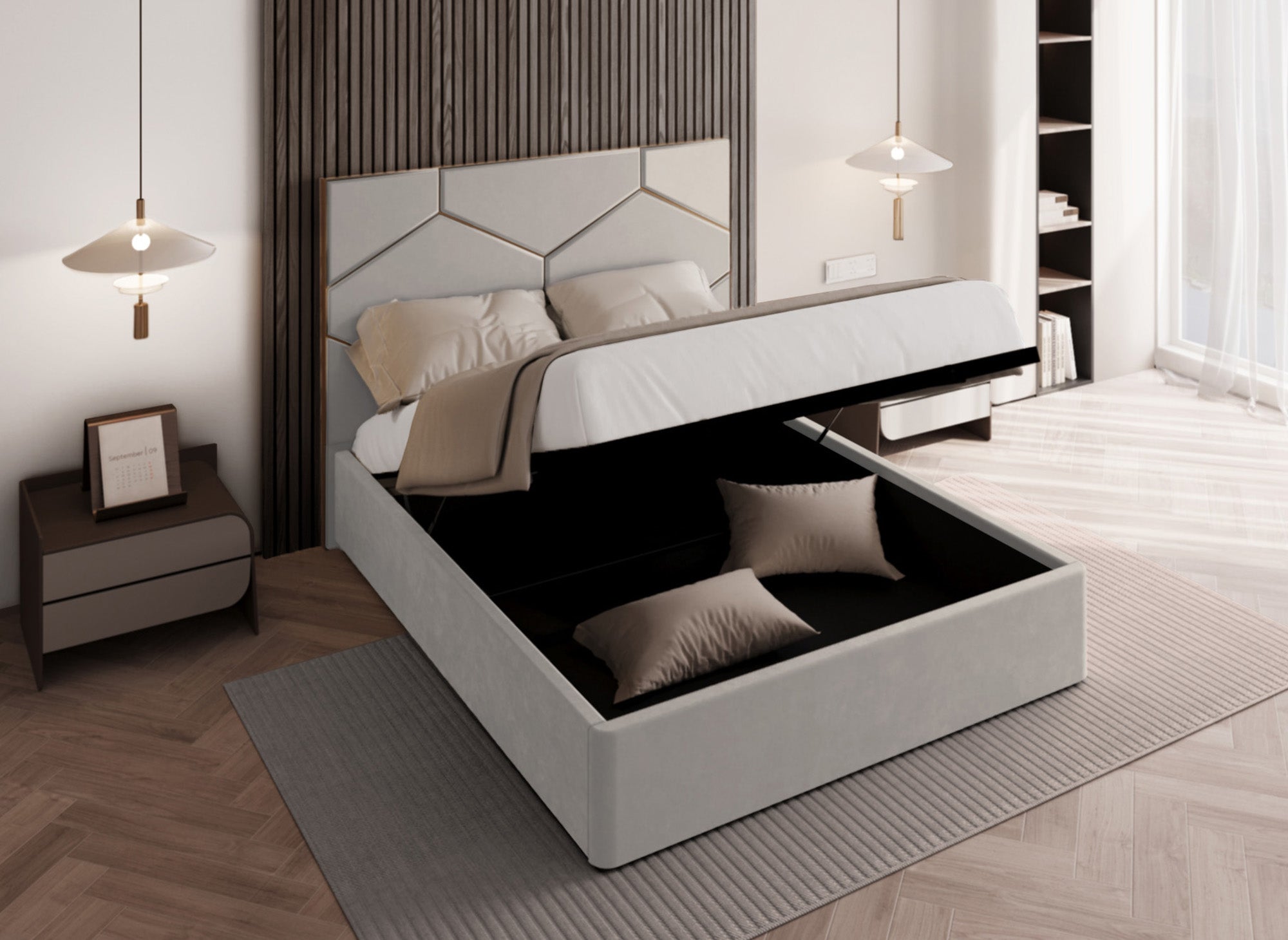 Lit coffre avec tête de lit design en velours taupe LARA 140 x 190 cm