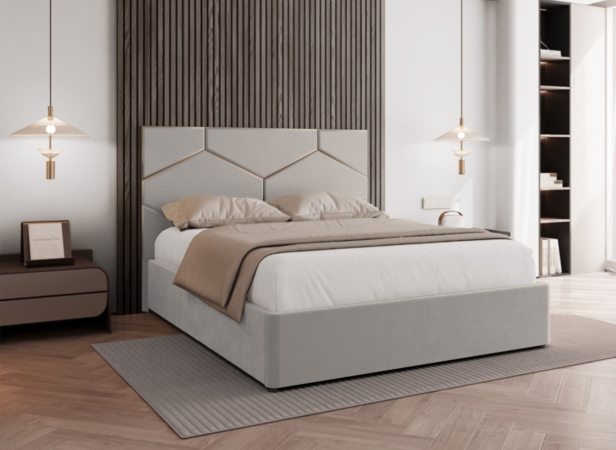 Lit coffre avec tête de lit design en velours taupe LARA 140 x 190 cm