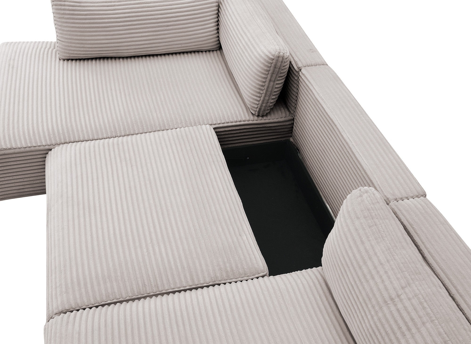 Canapé panoramique convertible avec coffre en velours gros côtelé taupe TILDA - Angle gauche