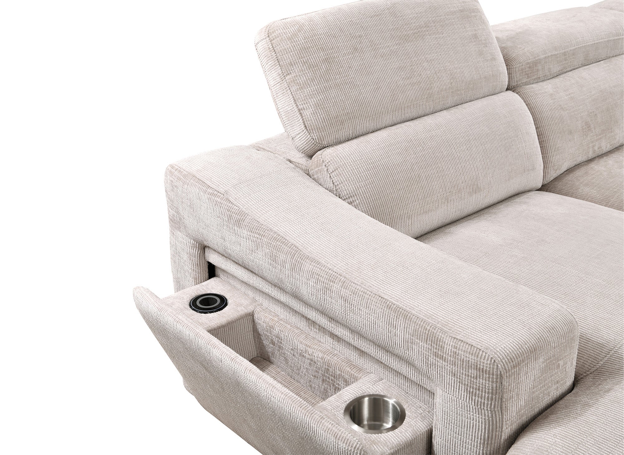 Canapé panoramique convertible avec 2 coffres en velours chiné beige VELORA