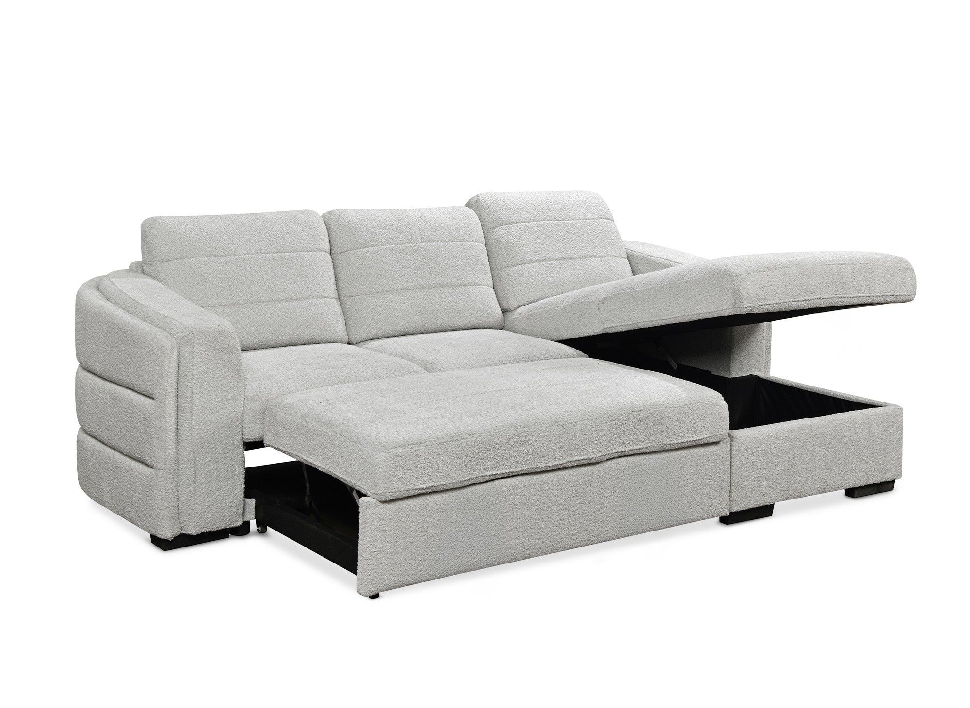 Canapé d'angle convertible avec coffre en tissu bouclette gris clair CALANDRA - Angle droit