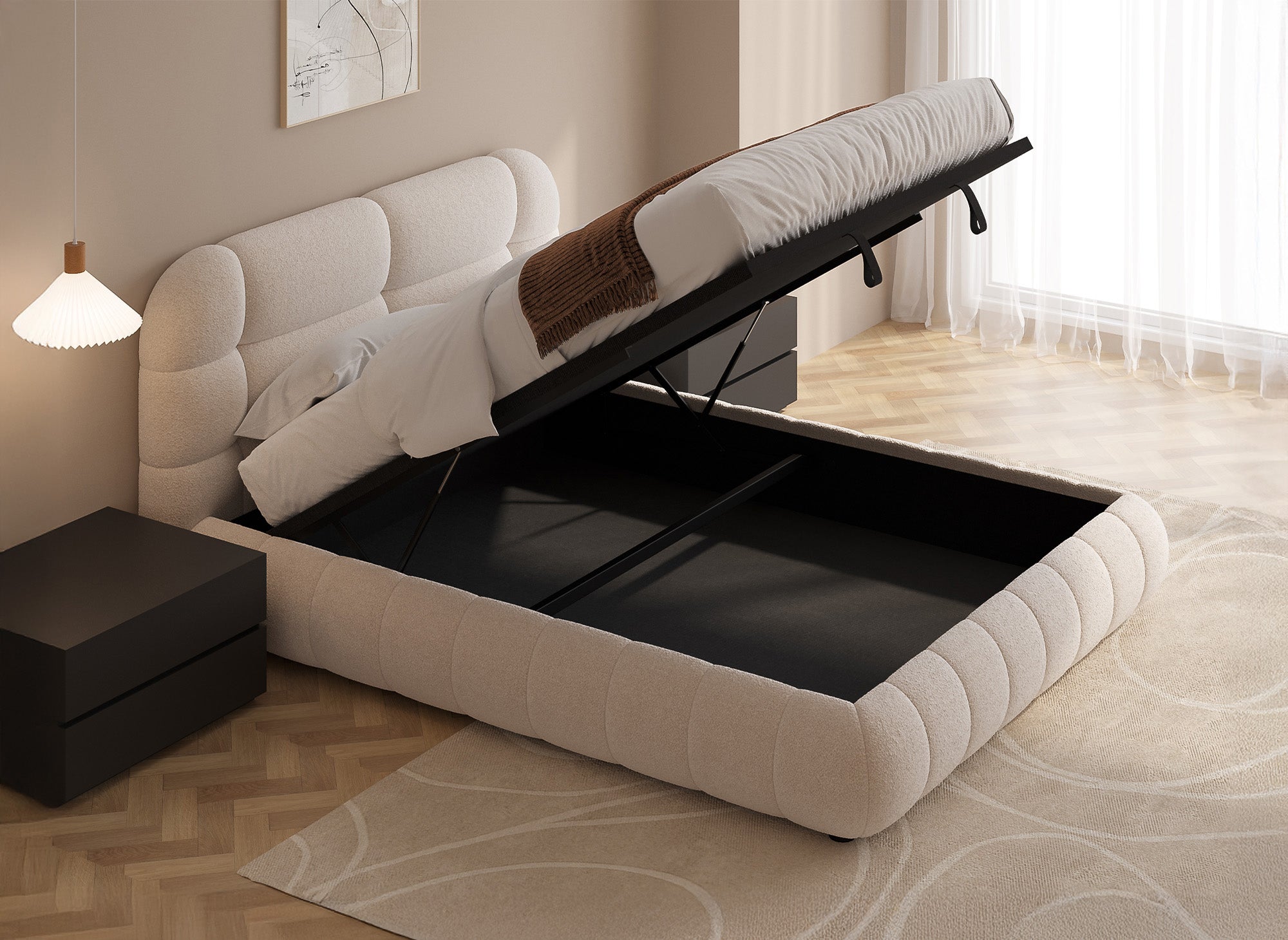 Lit coffre en tissu bouclette écru 160x200 cm YOURI