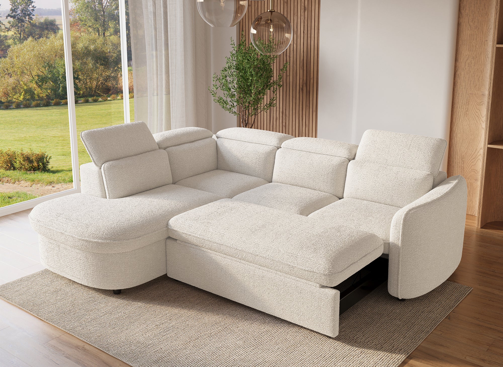 Canapé d'angle convertible avec coffre de rangement en tissu bouclette écru BAYA - angle gauche