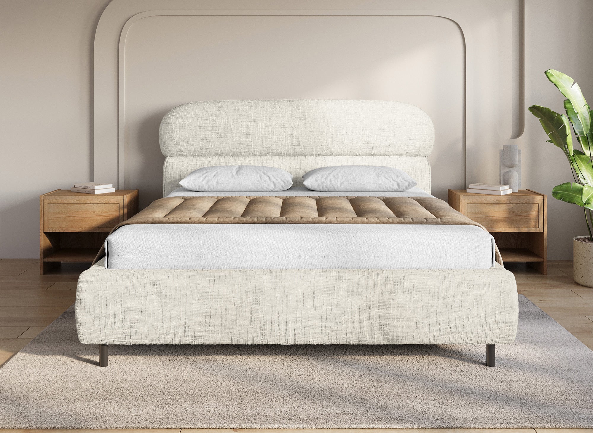 Lit coffre en velours chiné beige 180x200cm MELO