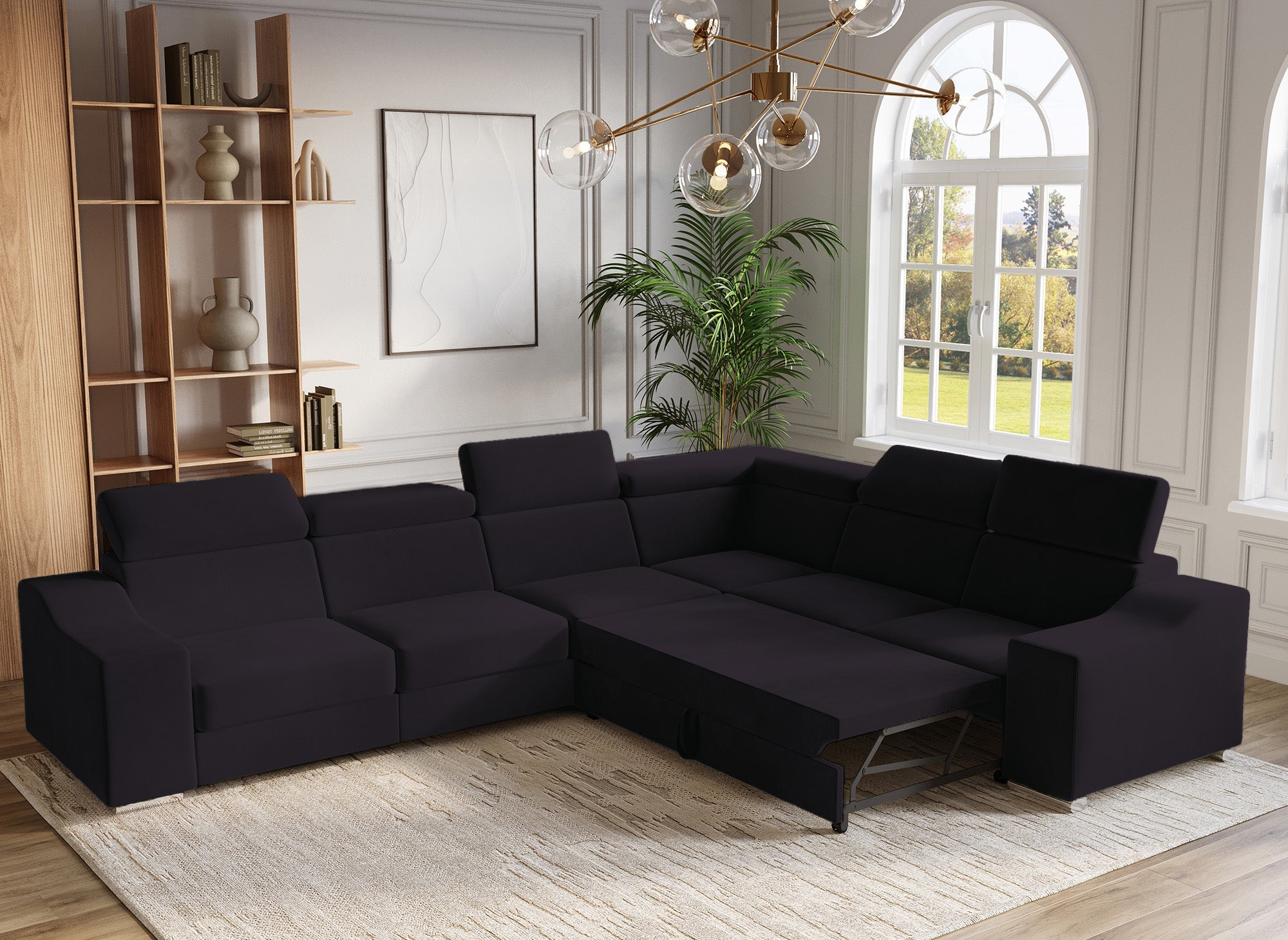 Canapé d'angle convertible réversible en velours noir LEONIE