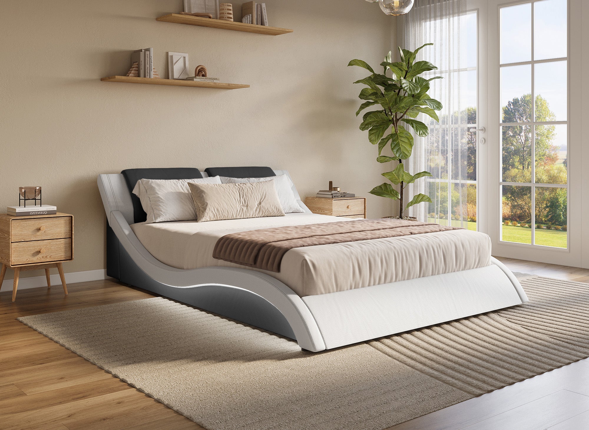 Lit en simili cuir noir et blanc avec LED 160x200 cm ZEDA