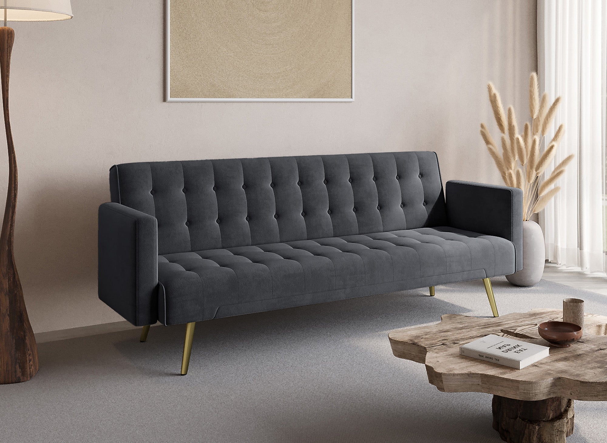 Canapé clic clac en velours gris foncé avec pieds en métal doré CHICAGO