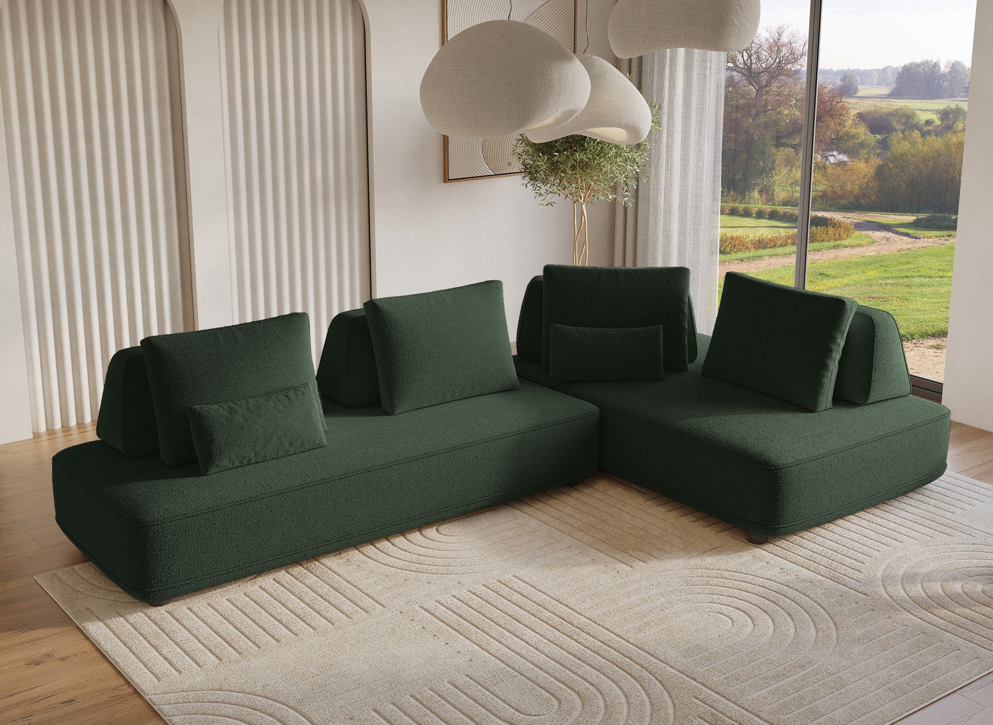 Canapé d'angle réversible en tissu bouclette vert kaki ISAORA