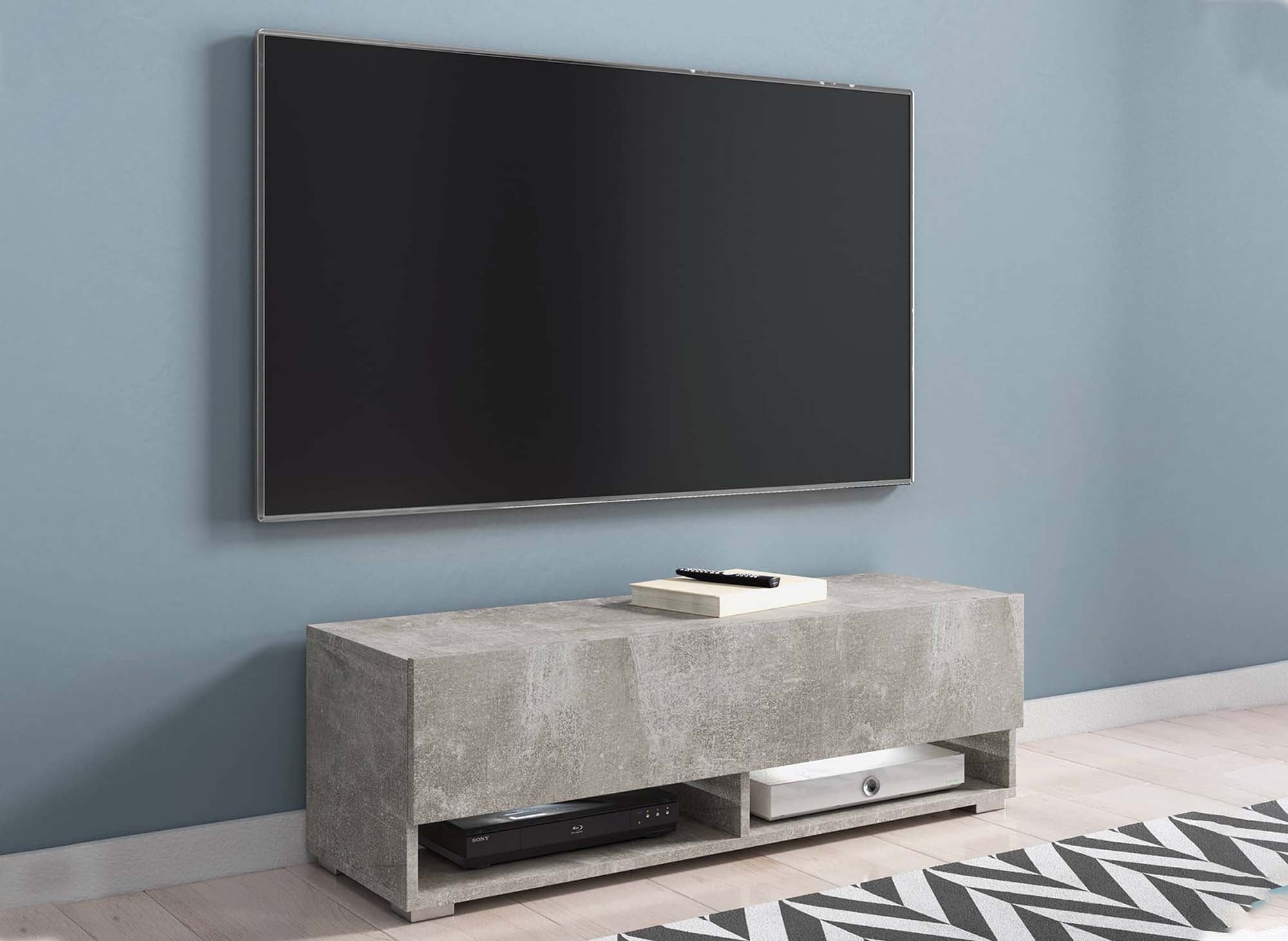 Meuble TV suspendu 1 porte 2 niches gris béton ROMANE - 100 cm