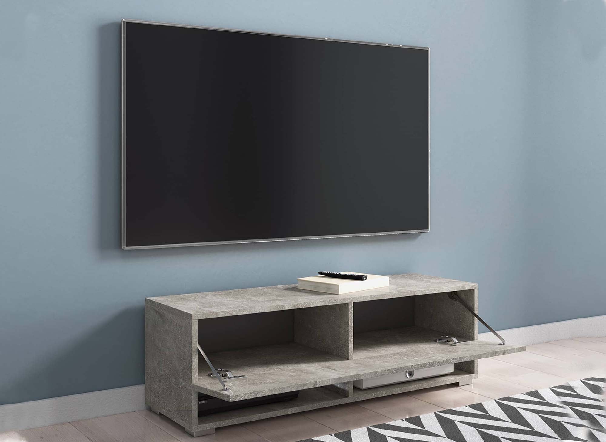 Meuble TV suspendu 1 porte 2 niches gris béton ROMANE - 100 cm