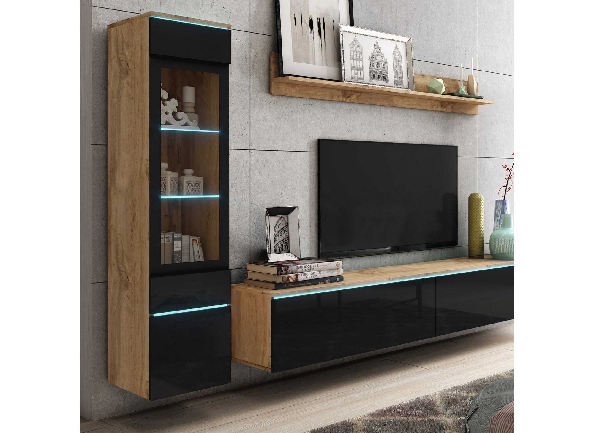 Meuble TV contemporain chêne et noir laqué avec LED - VERONICA