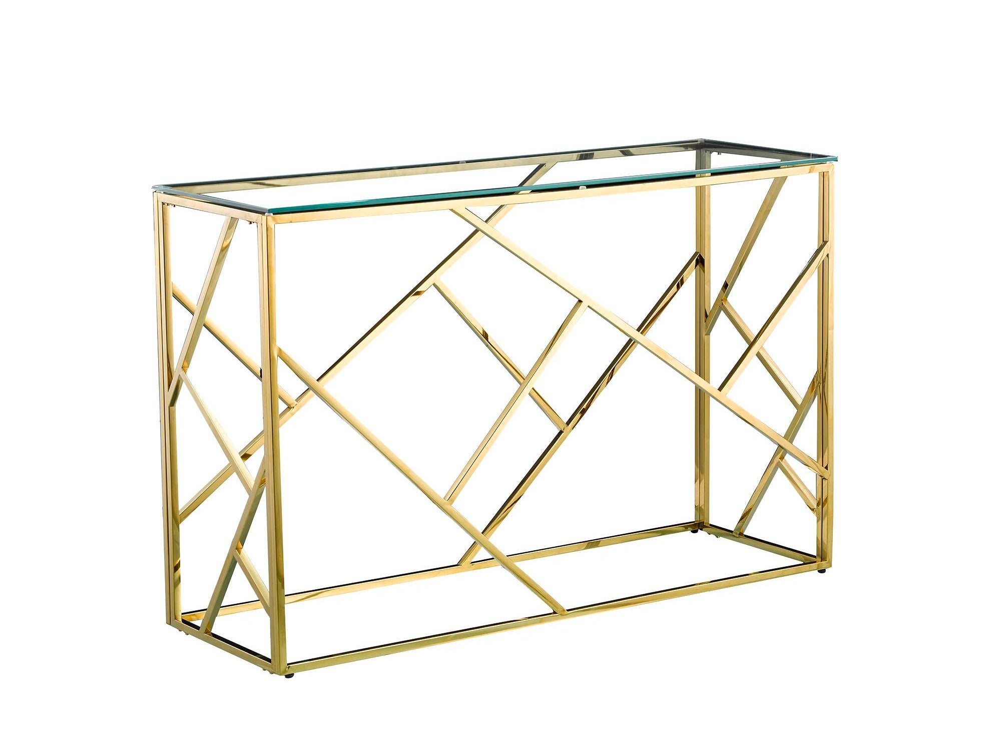 Console design en verre transparent et métal doré DELTA