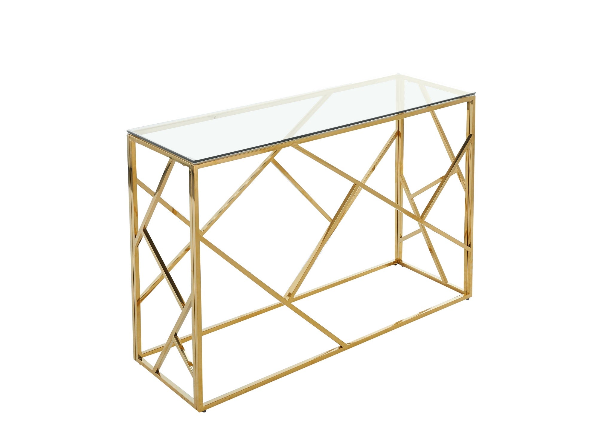 Console design en verre transparent et métal doré DELTA