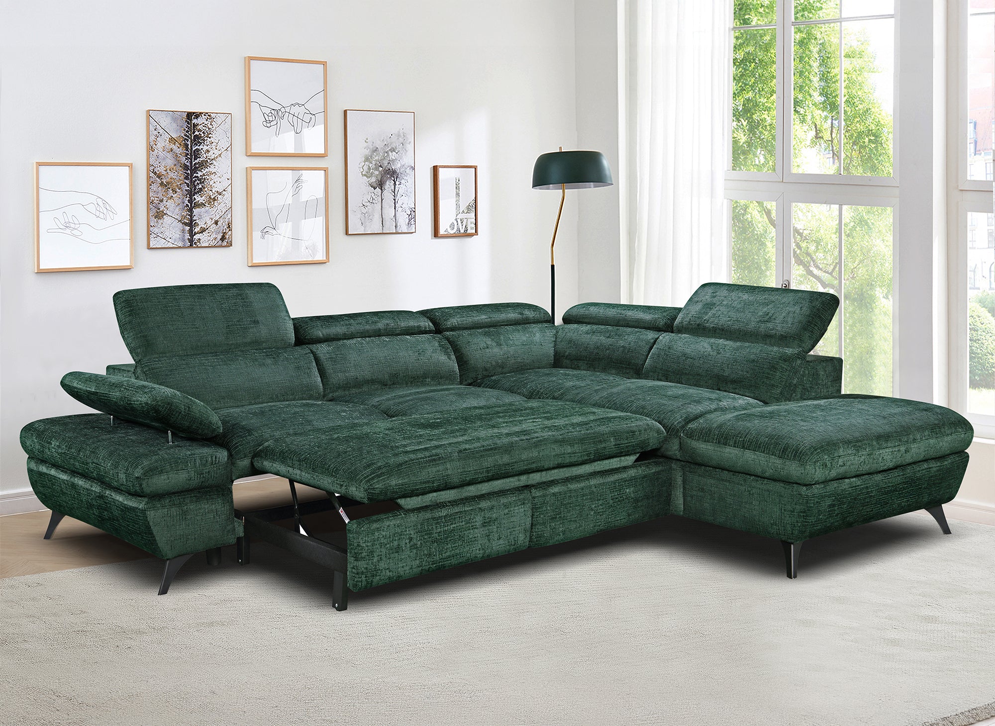 Canapé d'angle convertible avec coffre en velours chiné vert LUFY - Angle droit