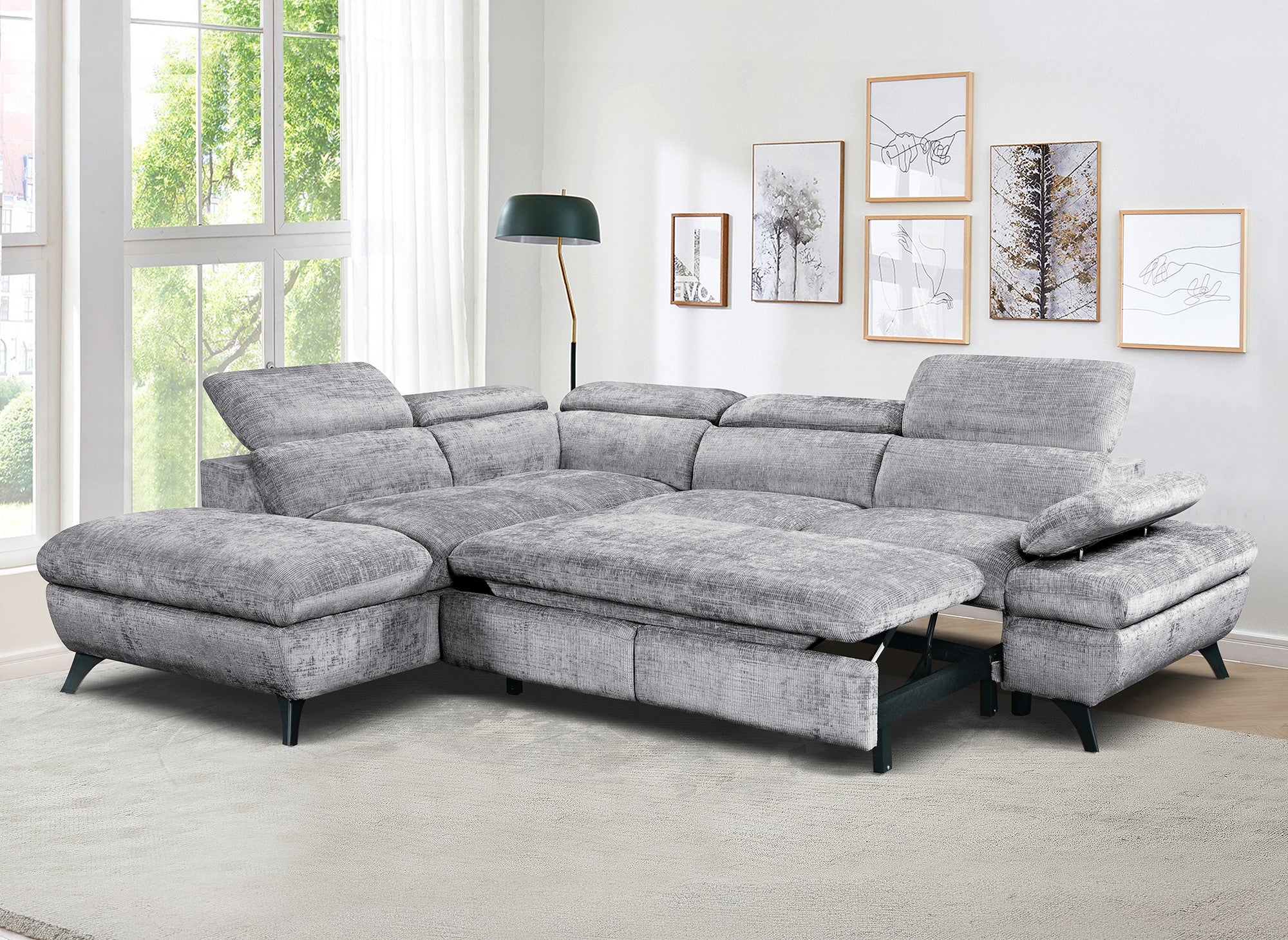 Canapé d'angle convertible avec coffre en velours chiné gris LUFY - Angle gauche