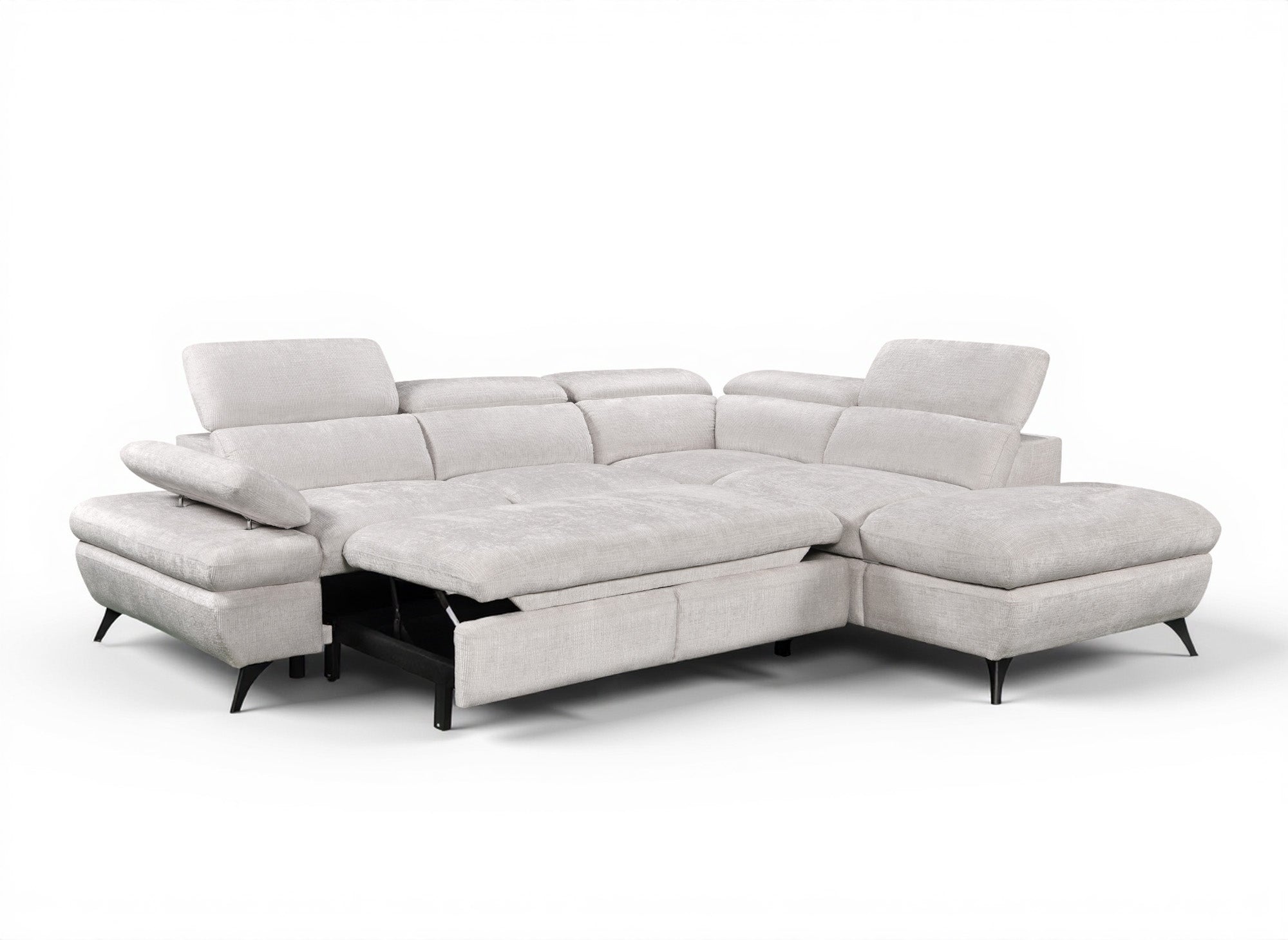 Canapé d'angle convertible avec coffre en velours chiné blanc écru LUFY - Angle droit