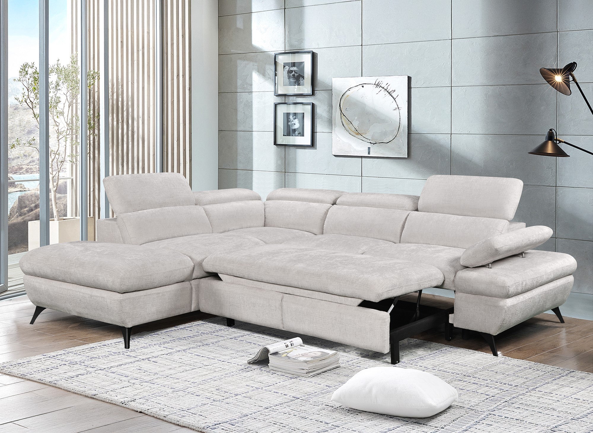 Canapé d'angle convertible avec coffre en velours chiné blanc écru LUFY - Angle gauche