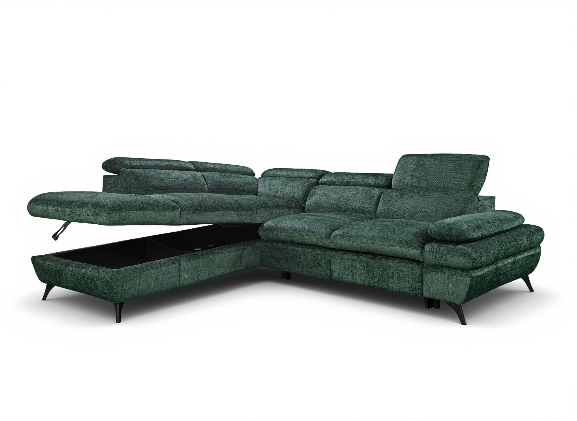 Canapé d'angle convertible avec coffre en velours chiné vert LUFY - Angle gauche