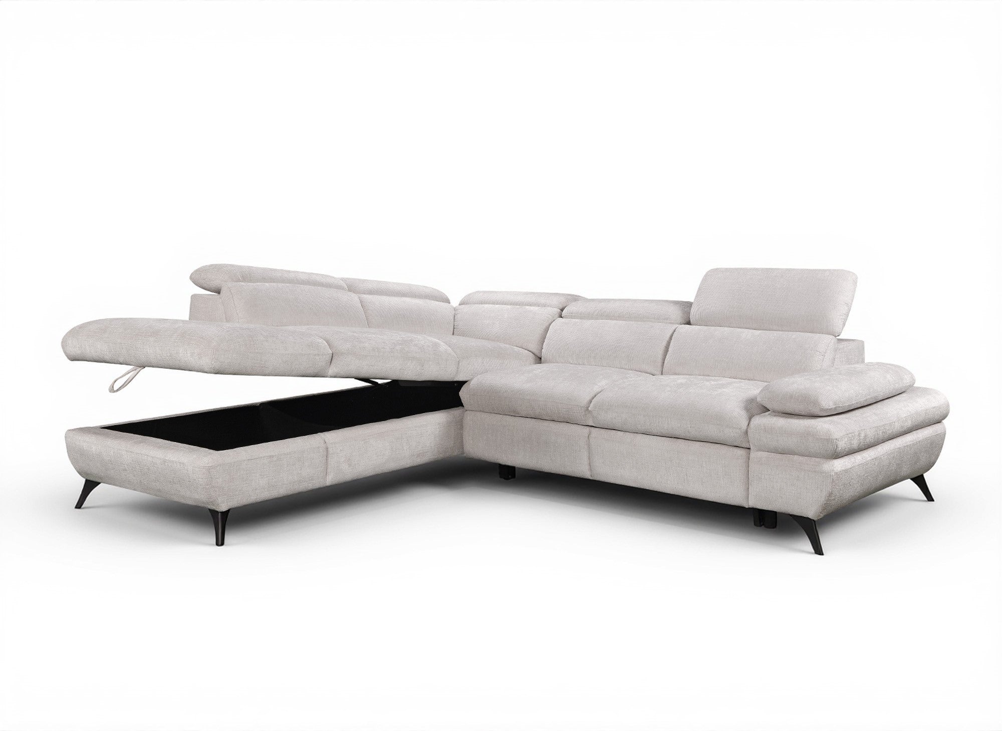 Canapé d'angle convertible avec coffre en velours chiné blanc écru LUFY - Angle gauche