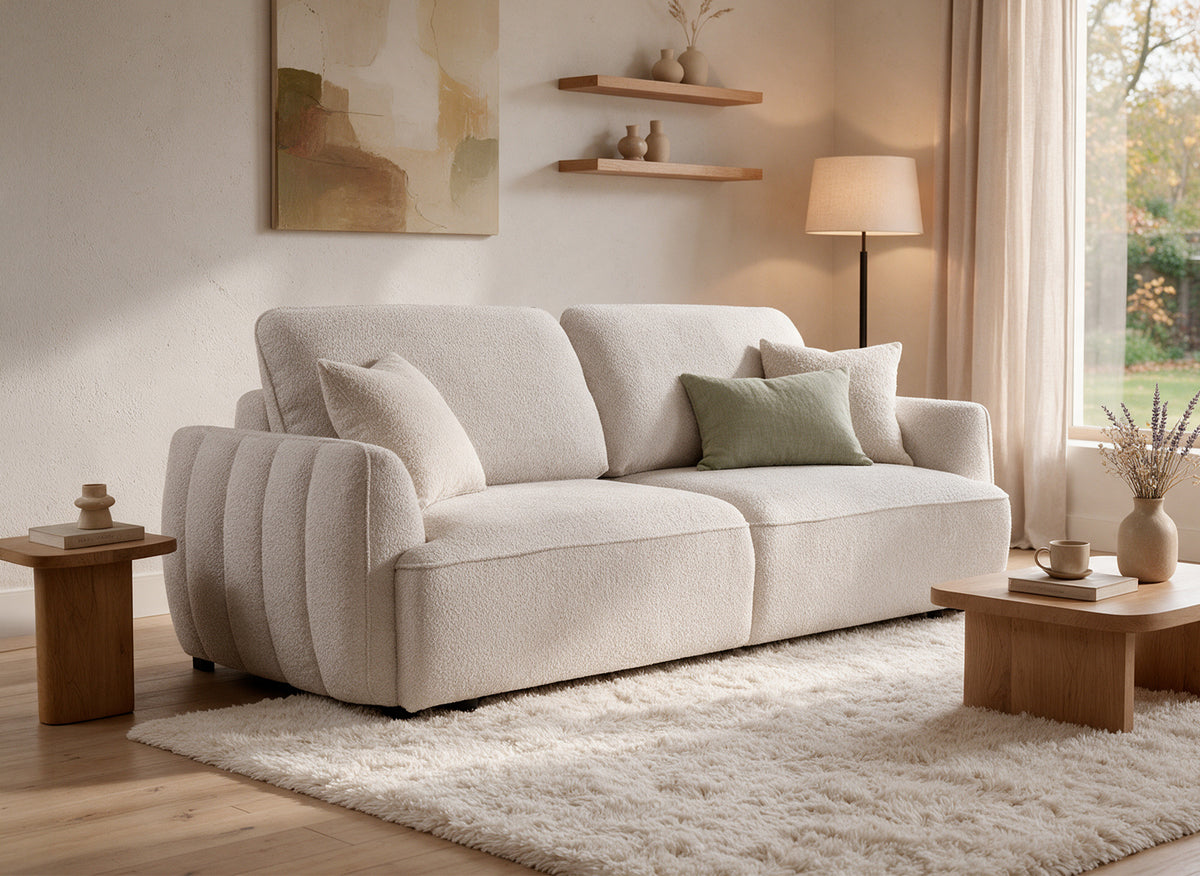 Canapé droit 3 places convertible avec coffre en tissu bouclette beige LAUDINE