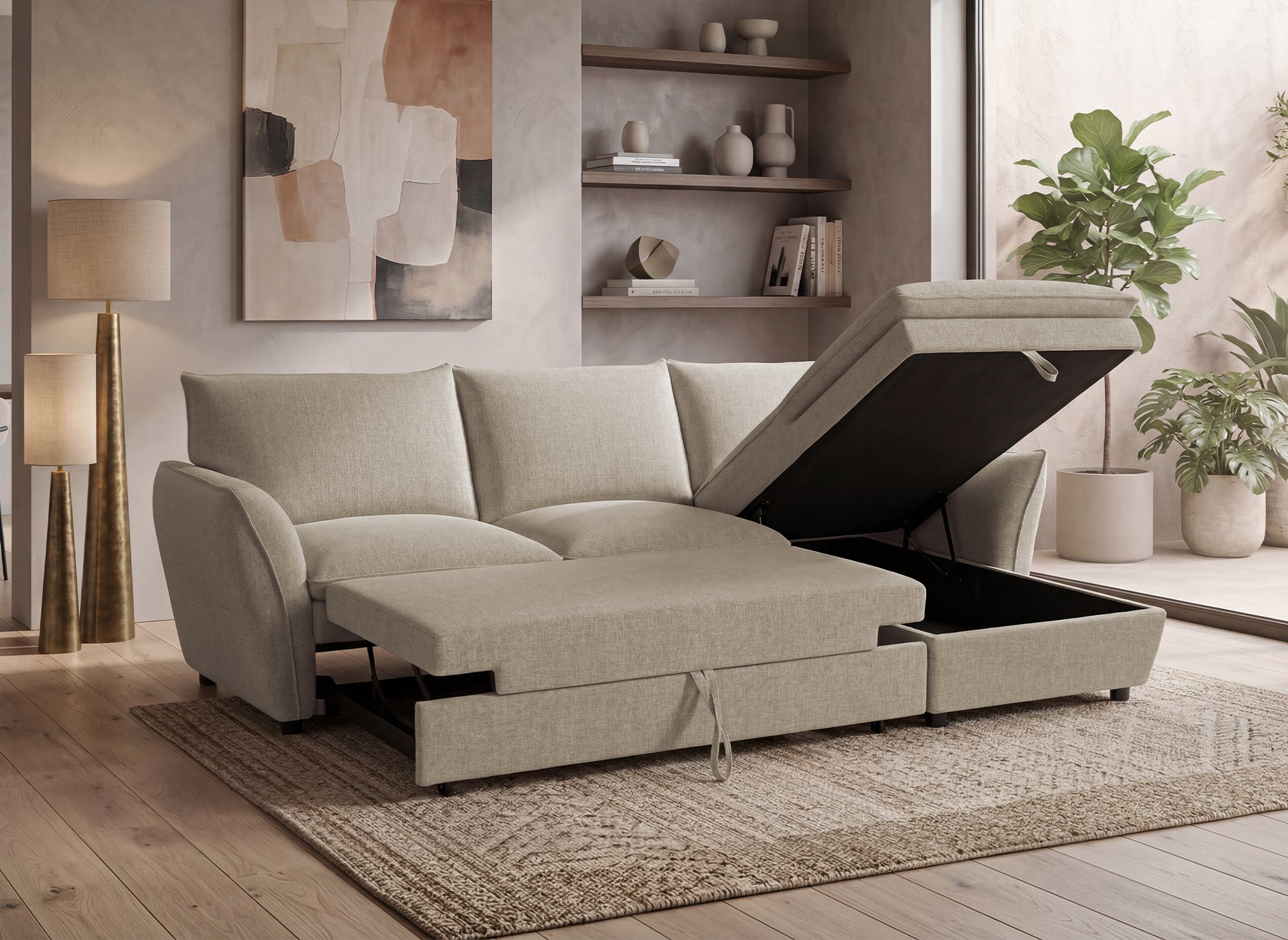 Canapé d'angle convertible avec coffre en tissu taupe CAPUCINE - Angle droit