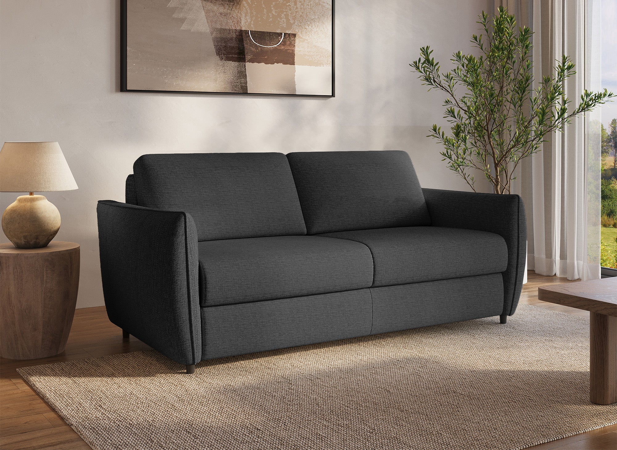 Canapé convertible express 3 places en velours texturé gris foncé CHIARA