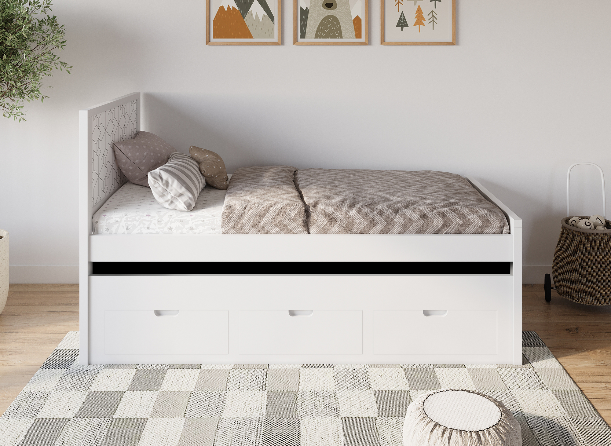 Lit gigogne avec tiroirs en bois blanc ENORA 90 x 190 cm