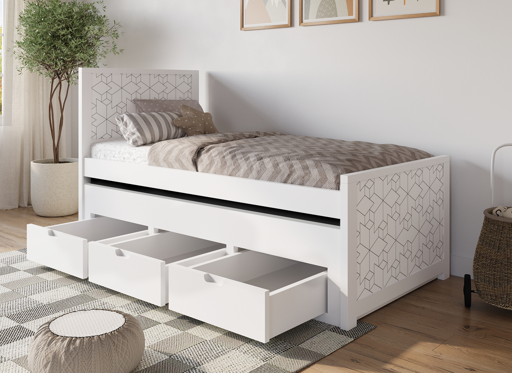 Lit gigogne avec tiroirs en bois blanc ENORA 90 x 190 cm