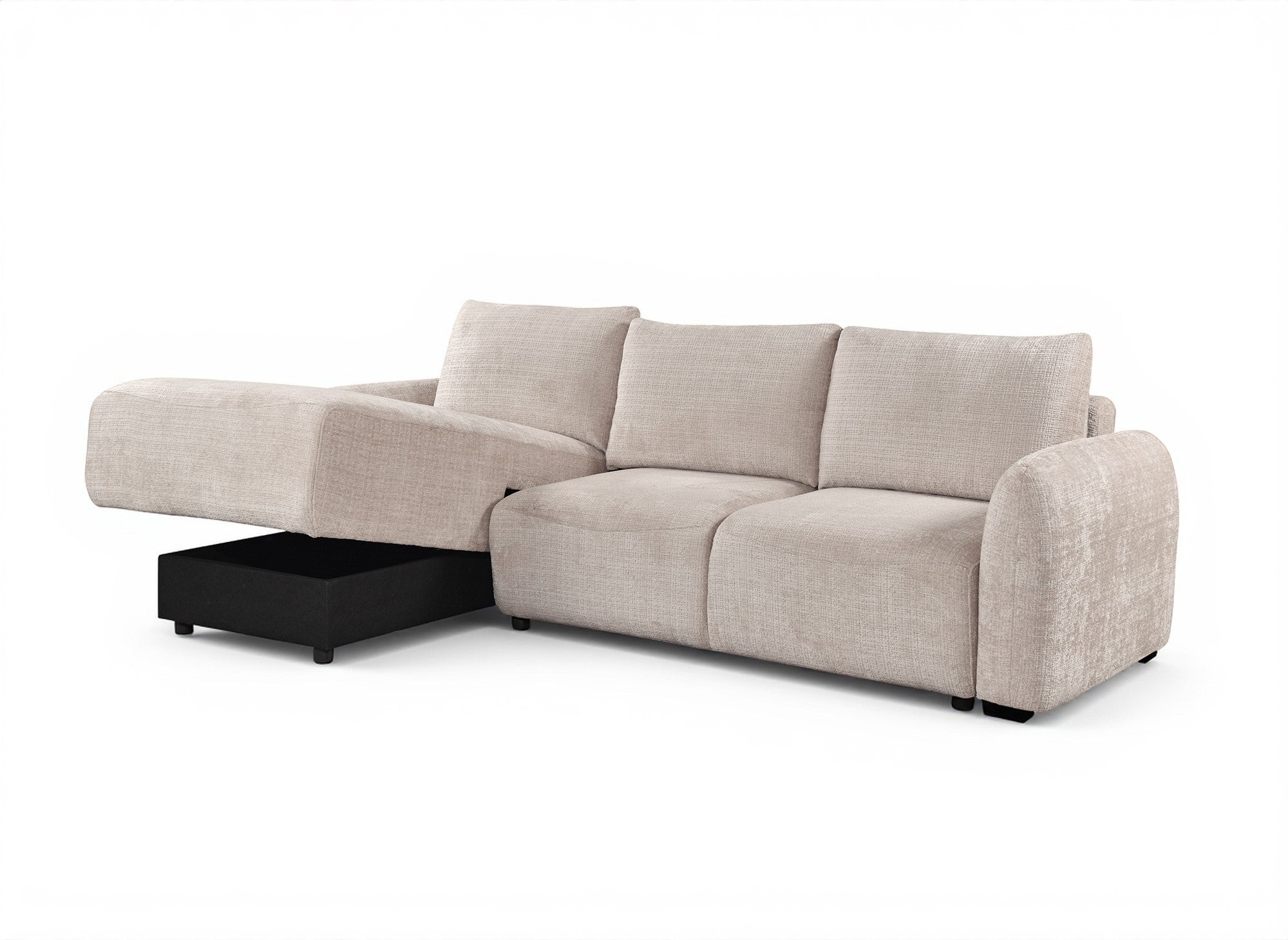 Canapé d'angle convertible avec coffre en velours chiné beige MARLA - Angle gauche