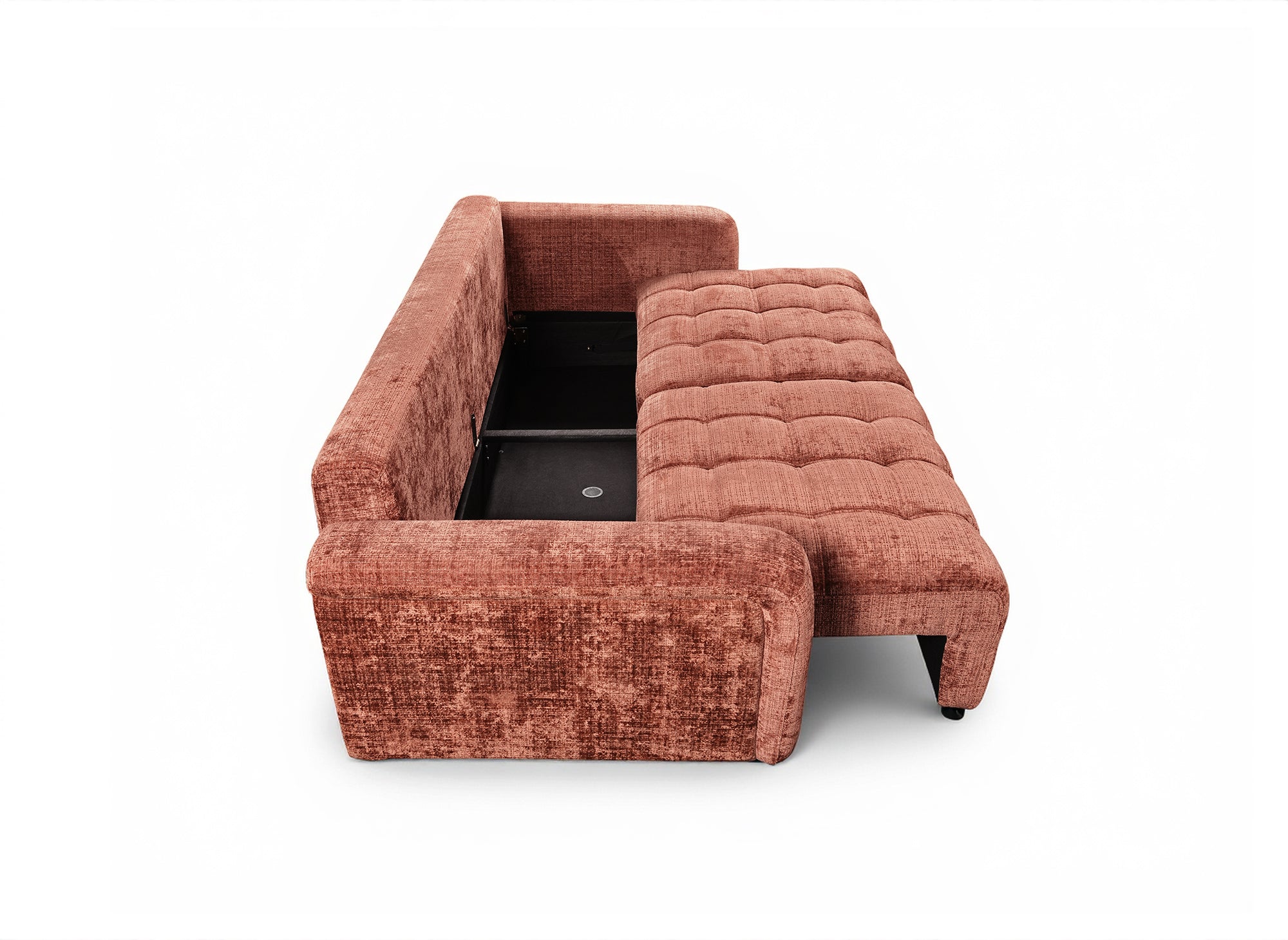Canapé convertible avec coffre 3 places en velours chiné terracotta RALYA
