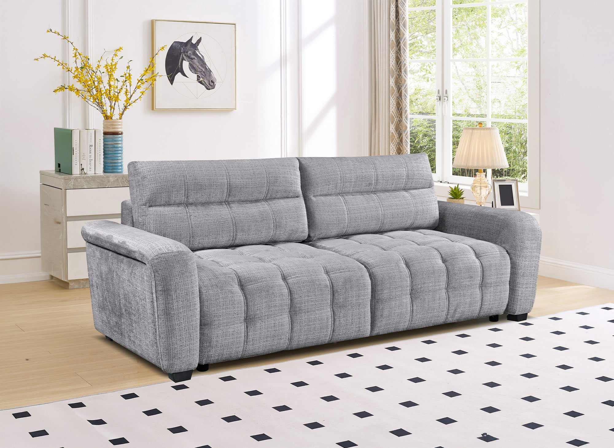 Canapé convertible avec coffre 3 places en velours chiné gris RALYA