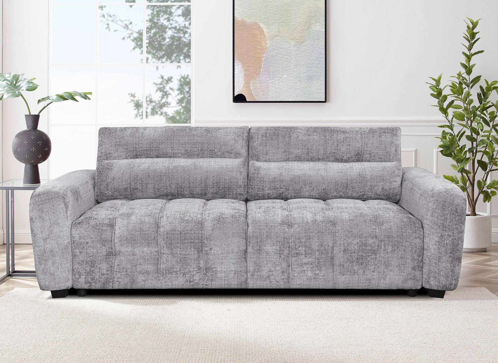 Canapé convertible avec coffre 3 places en velours chiné gris RALYA